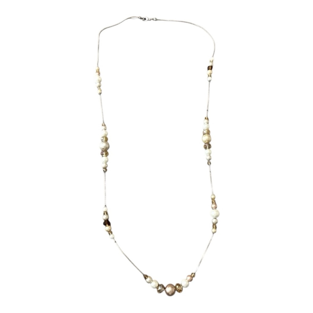 Long Beaded Necklace - Silver, Fake Pearl, Champagne, Rose Gold